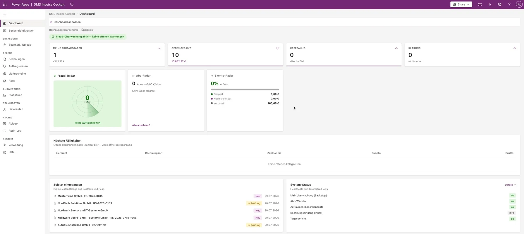 Dashboard — Fristen, Skonto und Fraud-Radar